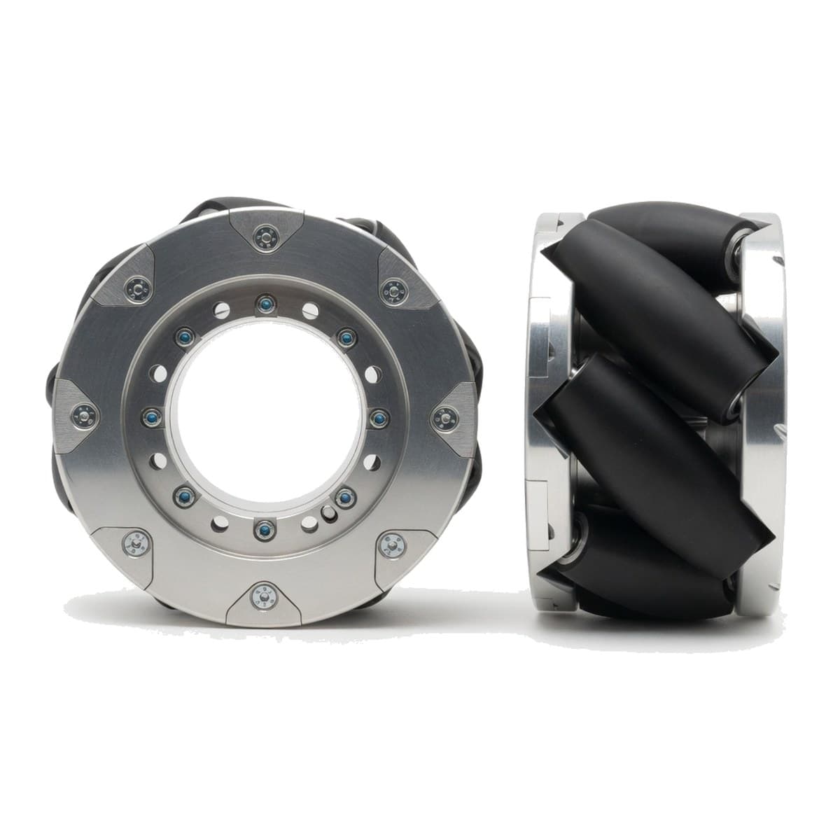 Assembled mecanum wheels, cover plate and roller side, on white